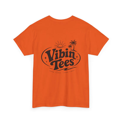 Vibin Tees Palm Sunset T‑Shirt — Retro Surf Logo Chest & Back Graphic Tee