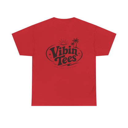 Vibin Tees Palm Sunset T‑Shirt — Retro Surf Logo Chest & Back Graphic Tee