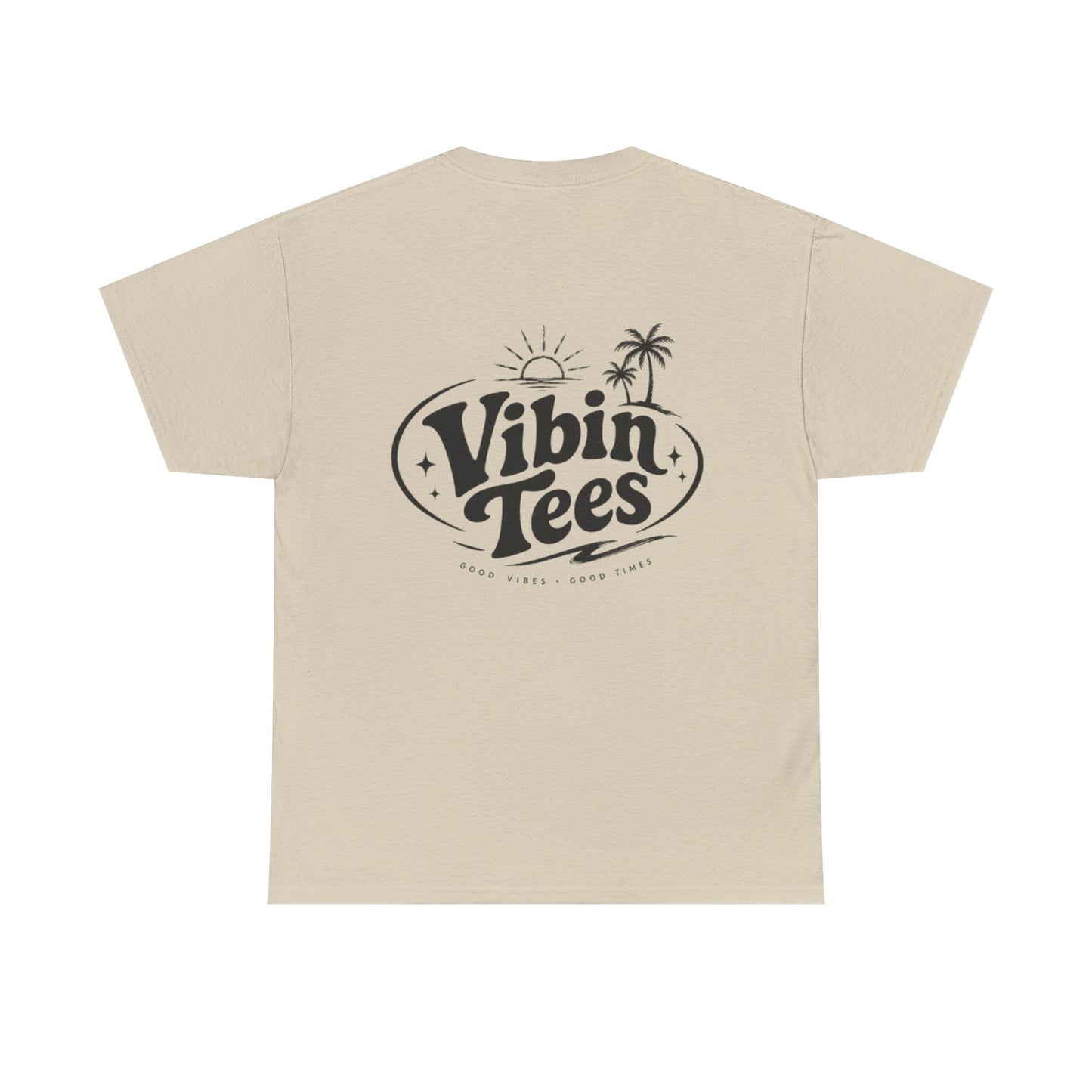 Vibin Tees Palm Sunset T‑Shirt — Retro Surf Logo Chest & Back Graphic Tee