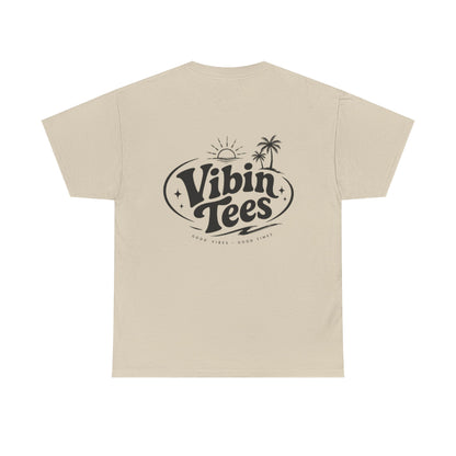 Vibin Tees Palm Sunset T‑Shirt — Retro Surf Logo Chest & Back Graphic Tee