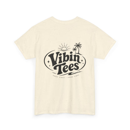 Vibin Tees Palm Sunset T‑Shirt — Retro Surf Logo Chest & Back Graphic Tee