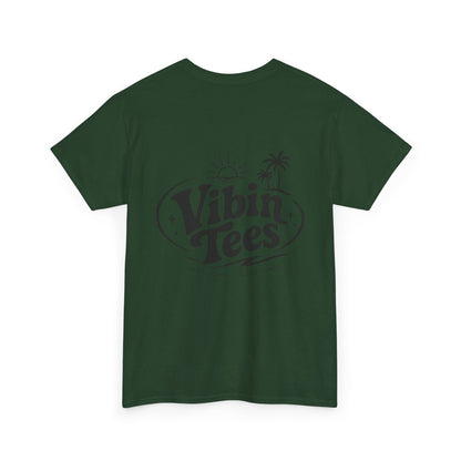Vibin Tees Palm Sunset T‑Shirt — Retro Surf Logo Chest & Back Graphic Tee