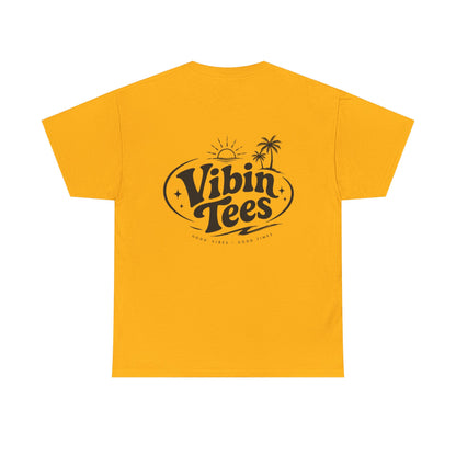 Vibin Tees Palm Sunset T‑Shirt — Retro Surf Logo Chest & Back Graphic Tee