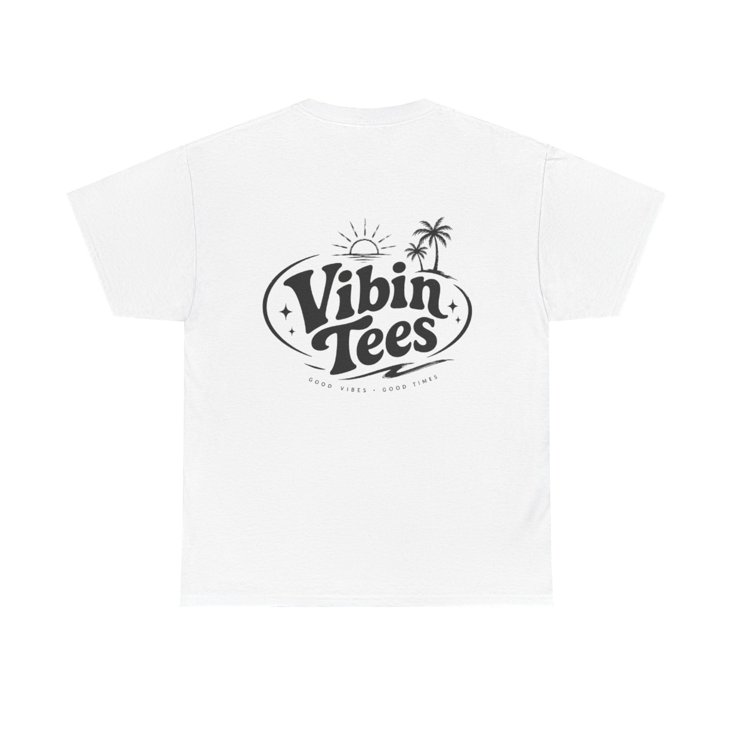 Vibin Tees Palm Sunset T‑Shirt — Retro Surf Logo Chest & Back Graphic Tee
