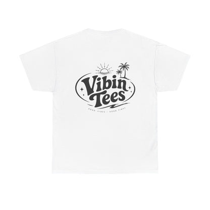 Vibin Tees Palm Sunset T‑Shirt — Retro Surf Logo Chest & Back Graphic Tee