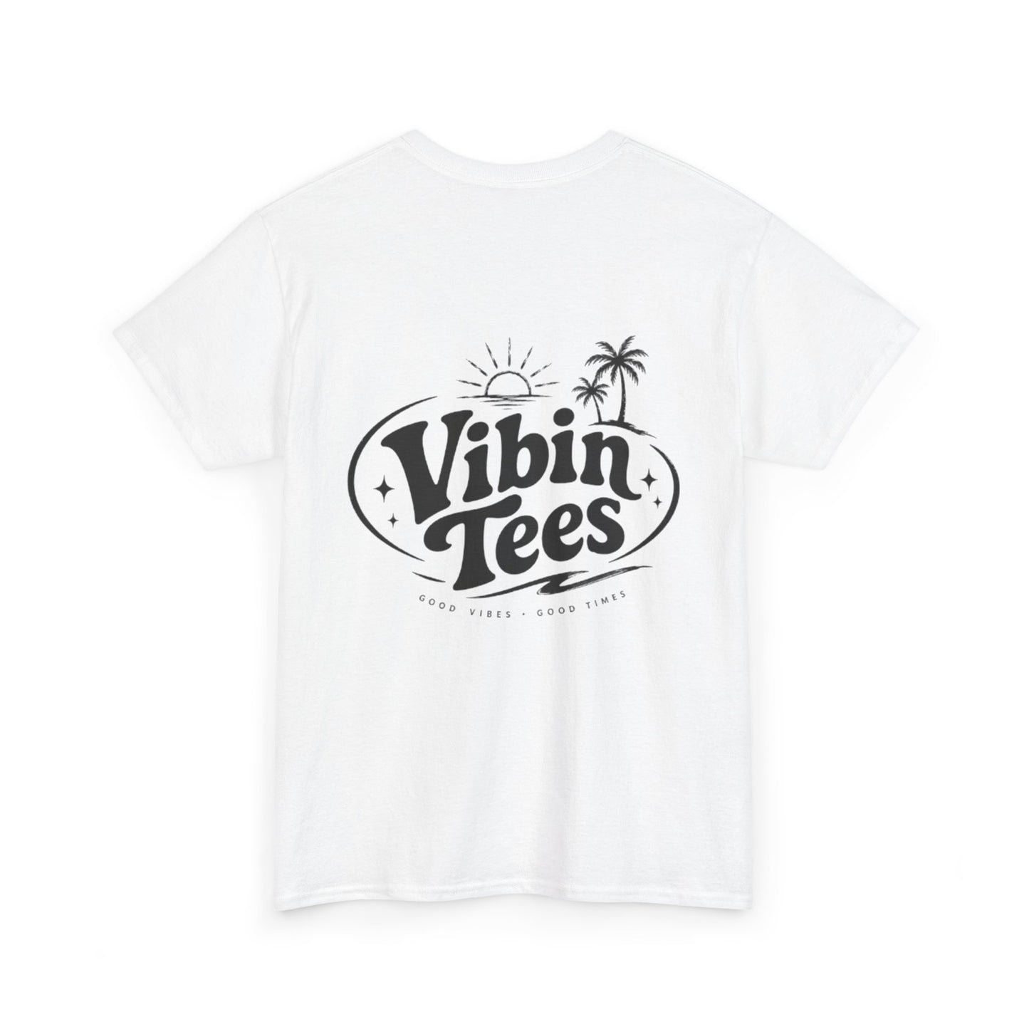 Vibin Tees Palm Sunset T‑Shirt — Retro Surf Logo Chest & Back Graphic Tee