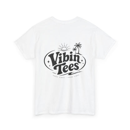 Vibin Tees Palm Sunset T‑Shirt — Retro Surf Logo Chest & Back Graphic Tee