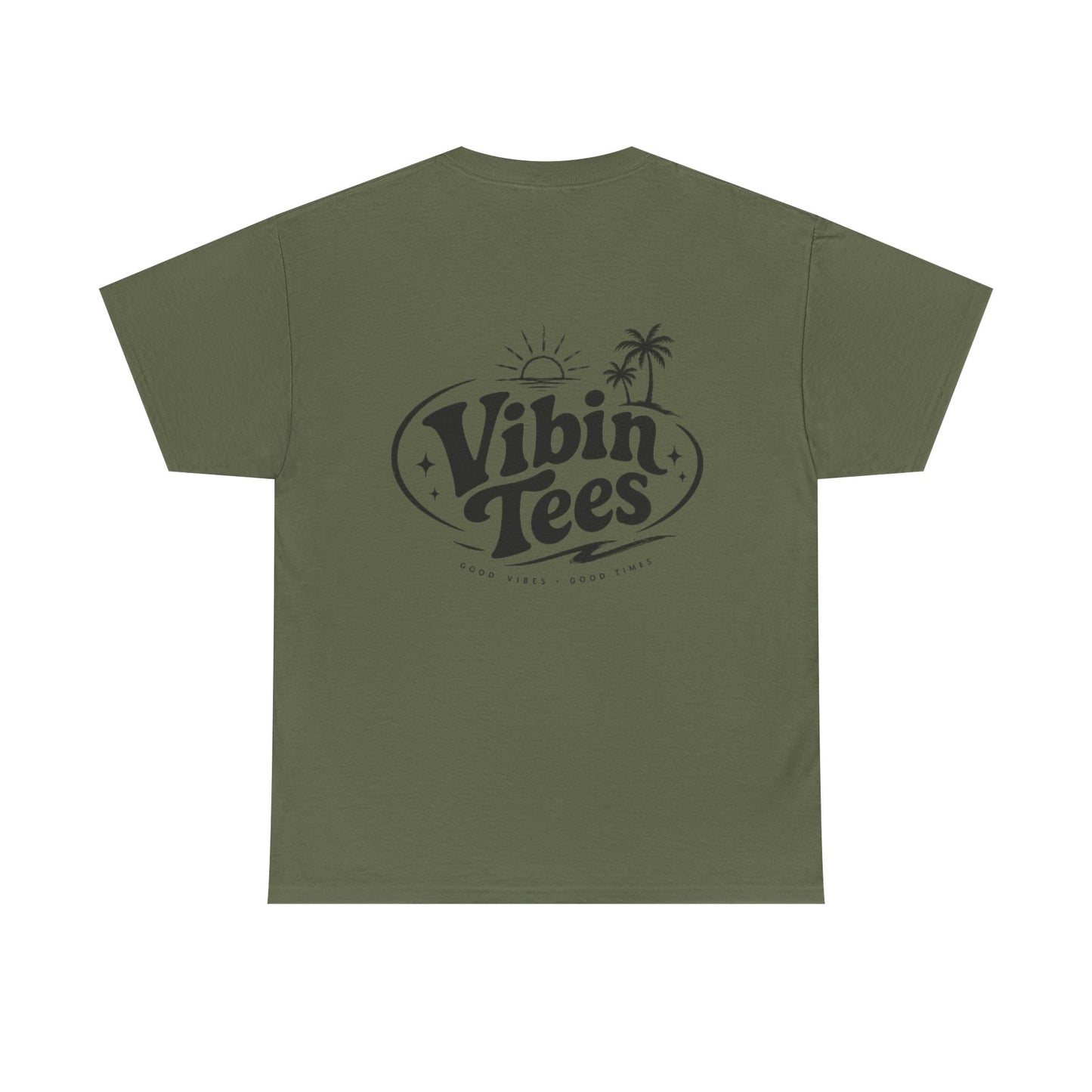 Vibin Tees Palm Sunset T‑Shirt — Retro Surf Logo Chest & Back Graphic Tee