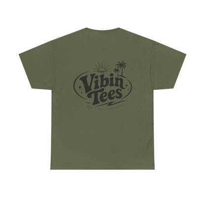 Vibin Tees Palm Sunset T‑Shirt — Retro Surf Logo Chest & Back Graphic Tee