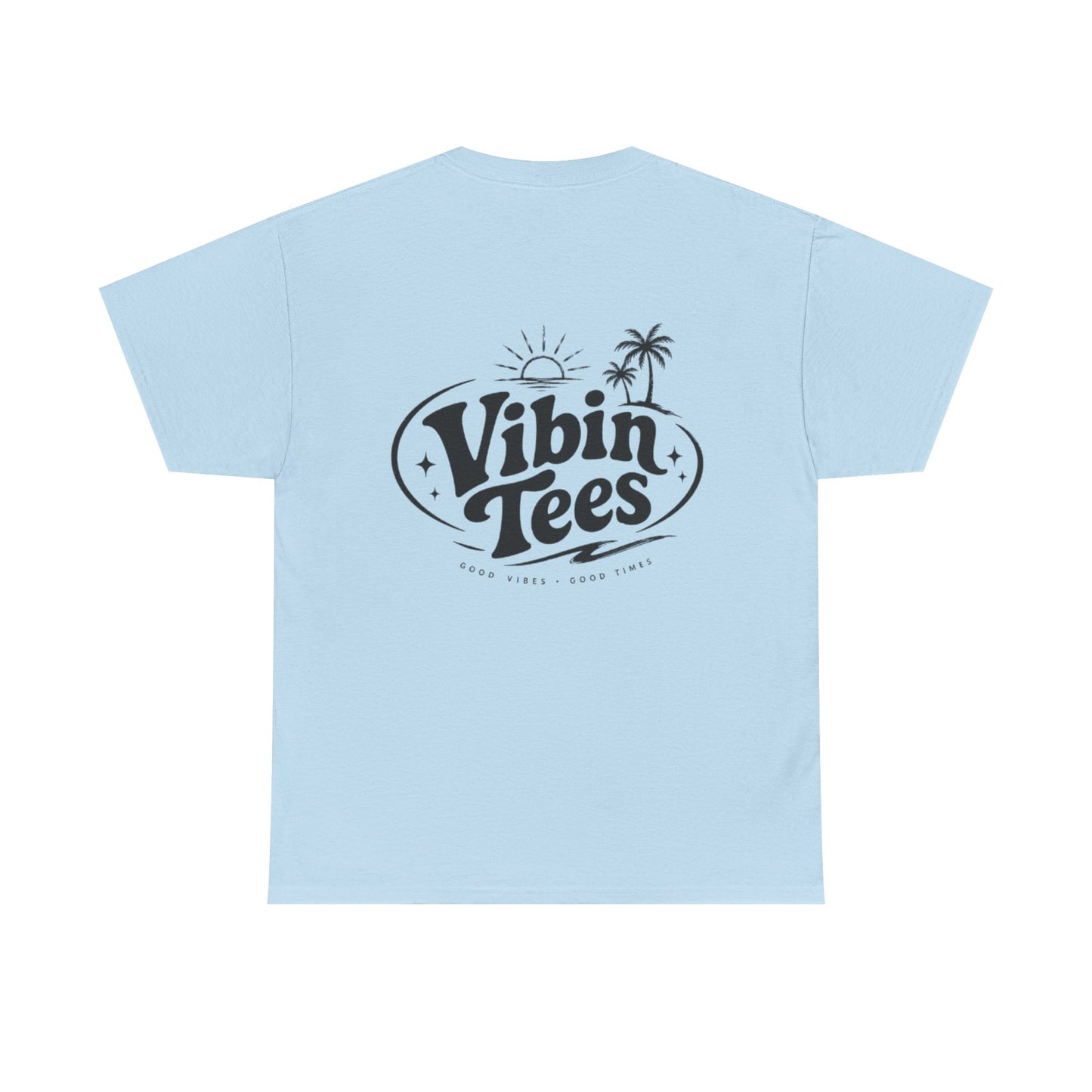 Vibin Tees Palm Sunset T‑Shirt — Retro Surf Logo Chest & Back Graphic Tee