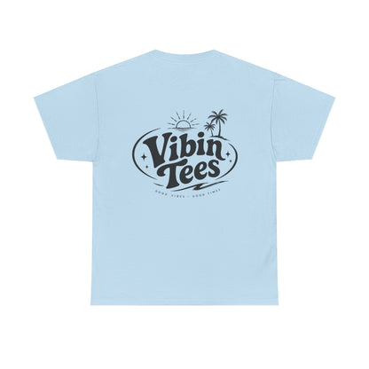 Vibin Tees Palm Sunset T‑Shirt — Retro Surf Logo Chest & Back Graphic Tee