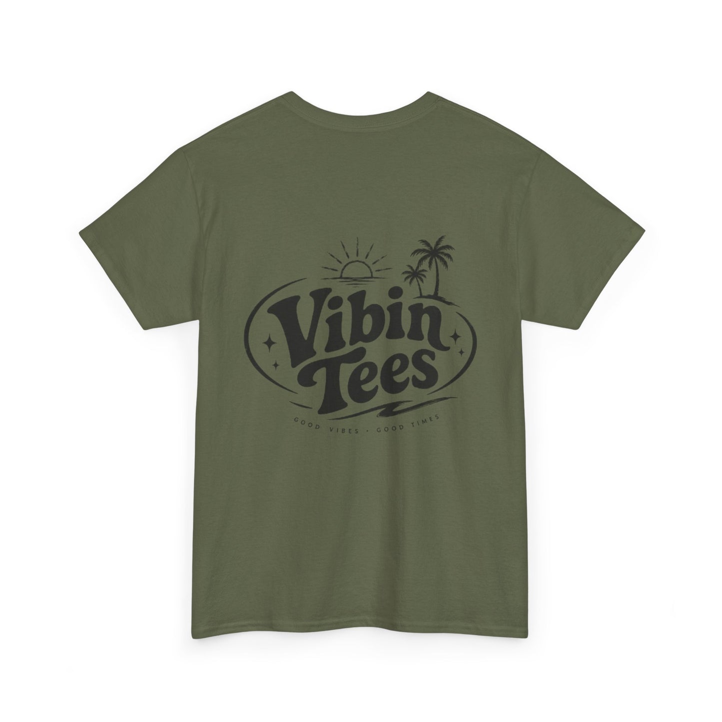 Vibin Tees Palm Sunset T‑Shirt — Retro Surf Logo Chest & Back Graphic Tee