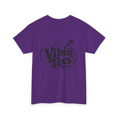 Vibin Tees Palm Sunset T‑Shirt — Retro Surf Logo Chest & Back Graphic Tee