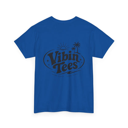 Vibin Tees Palm Sunset T‑Shirt — Retro Surf Logo Chest & Back Graphic Tee