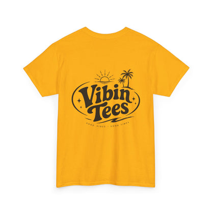 Vibin Tees Palm Sunset T‑Shirt — Retro Surf Logo Chest & Back Graphic Tee