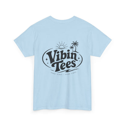 Vibin Tees Palm Sunset T‑Shirt — Retro Surf Logo Chest & Back Graphic Tee