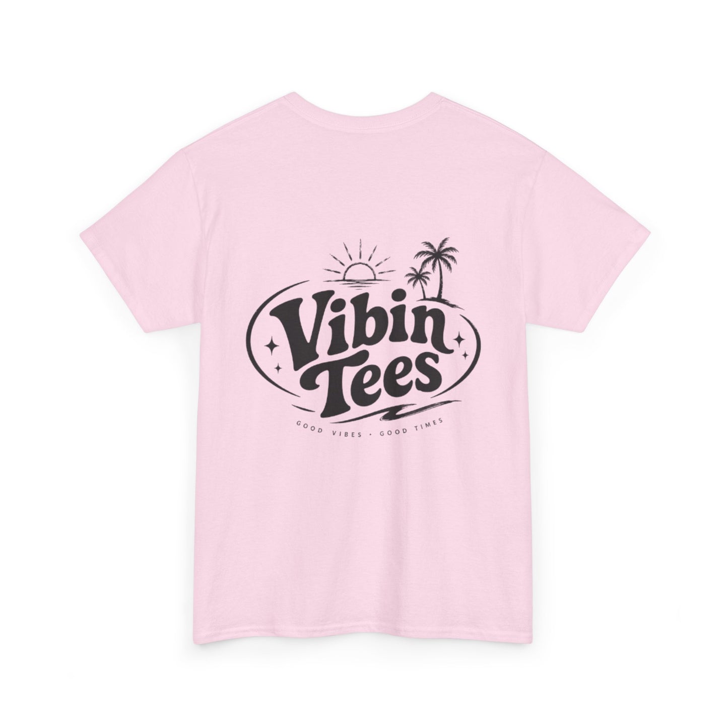 Vibin Tees Palm Sunset T‑Shirt — Retro Surf Logo Chest & Back Graphic Tee