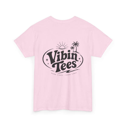 Vibin Tees Palm Sunset T‑Shirt — Retro Surf Logo Chest & Back Graphic Tee
