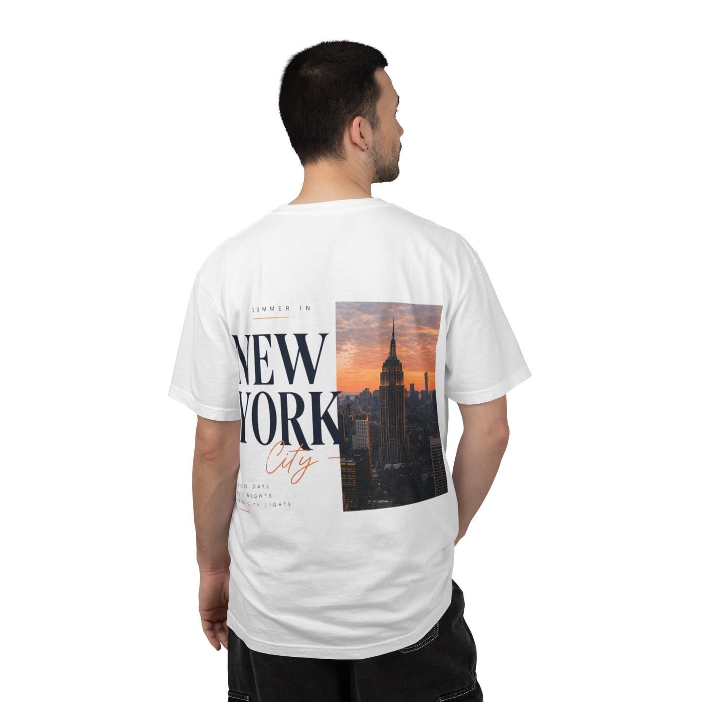 New York City Sunset T‑Shirt – 'Summer in New York' Photo Tee with Small "Vibin' Vibes" Chest Logo