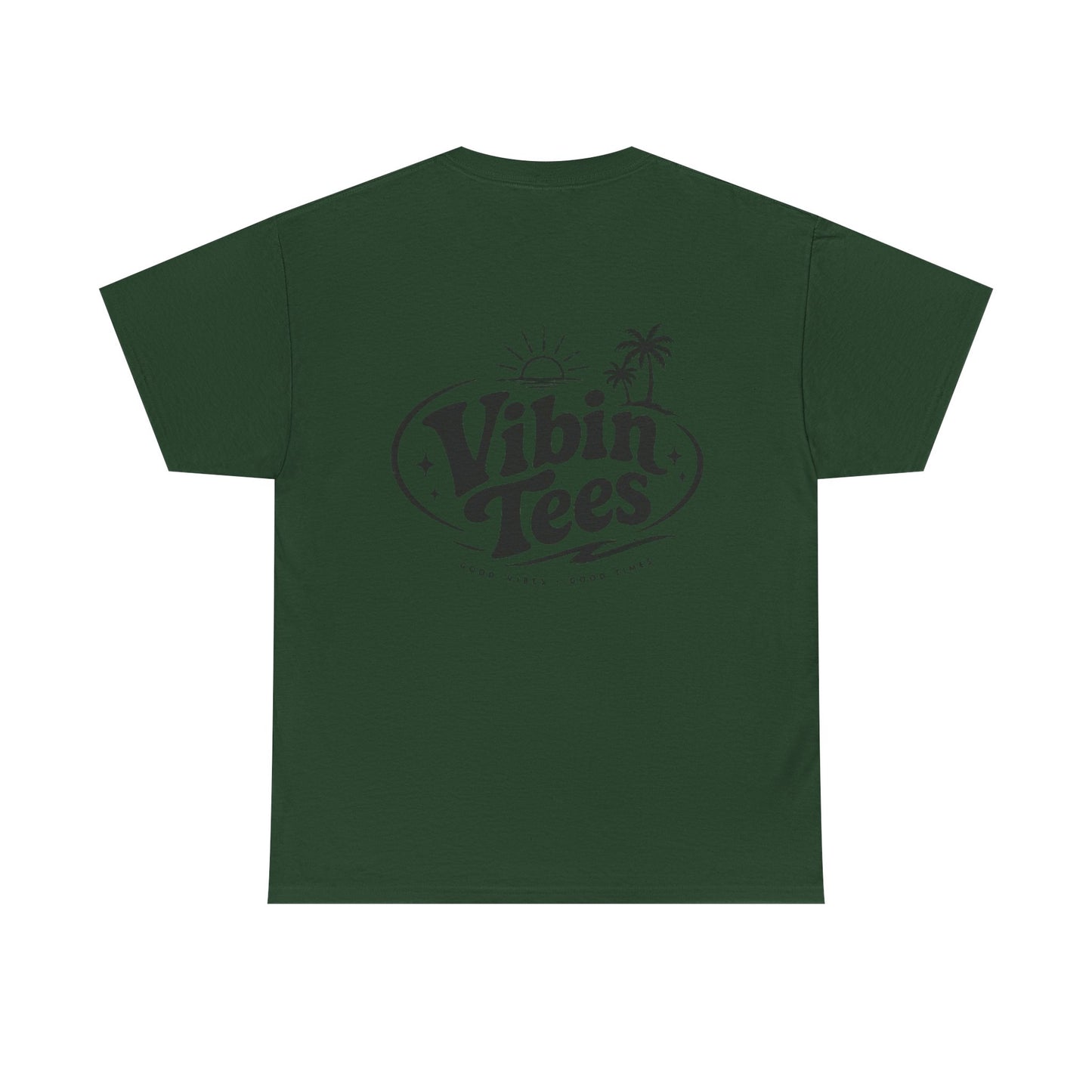 Vibin Tees Palm Sunset T‑Shirt — Retro Surf Logo Chest & Back Graphic Tee