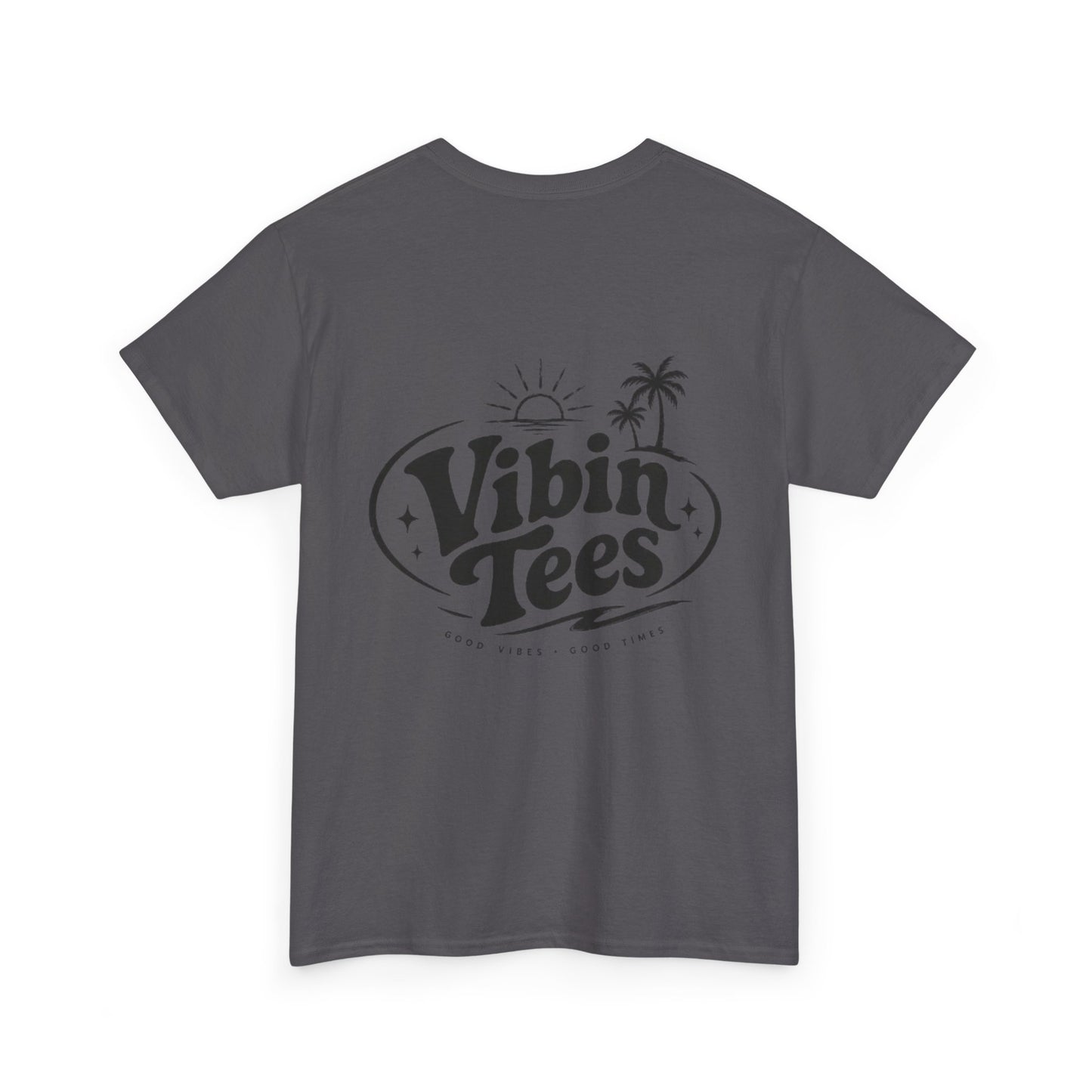 Vibin Tees Palm Sunset T‑Shirt — Retro Surf Logo Chest & Back Graphic Tee
