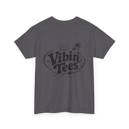 Vibin Tees Palm Sunset T‑Shirt — Retro Surf Logo Chest & Back Graphic Tee