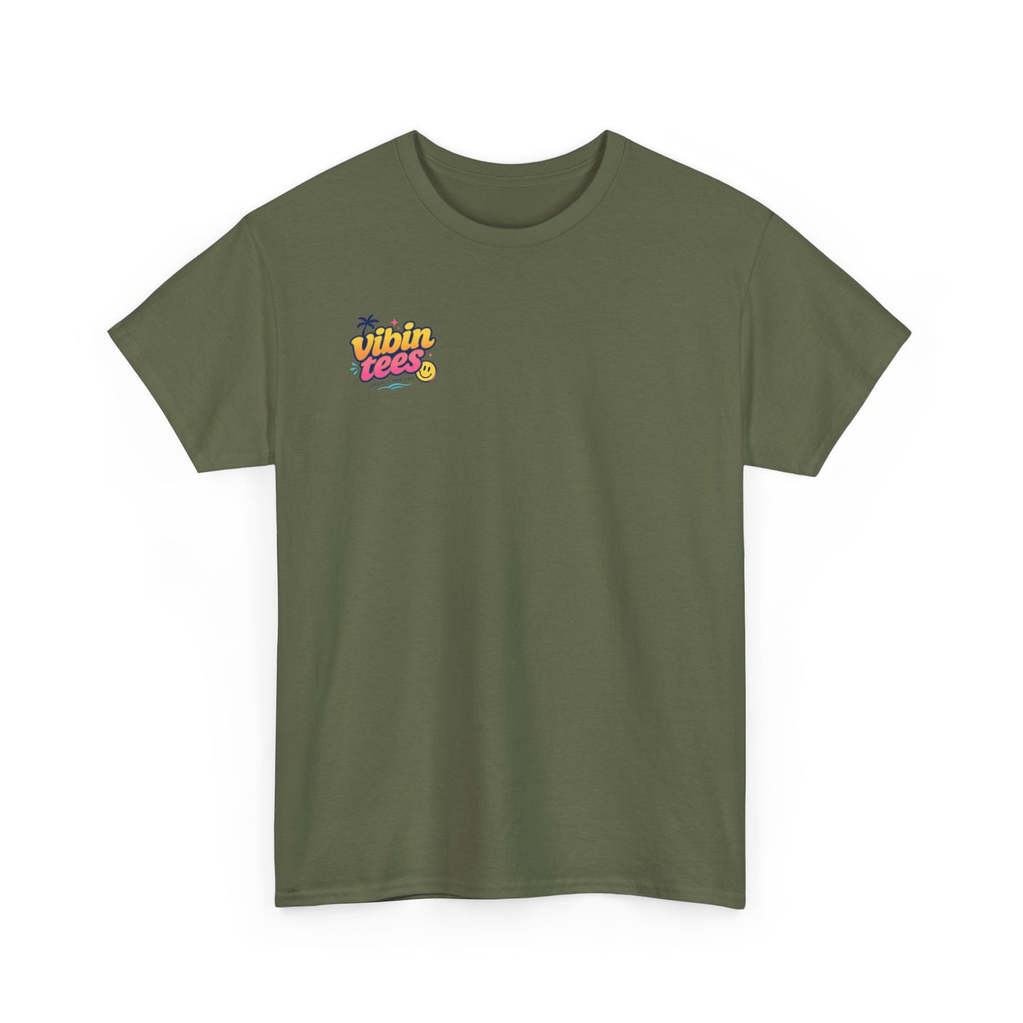 Vibin Tees Palm Sunset T‑Shirt — Retro Surf Logo Chest & Back Graphic Tee