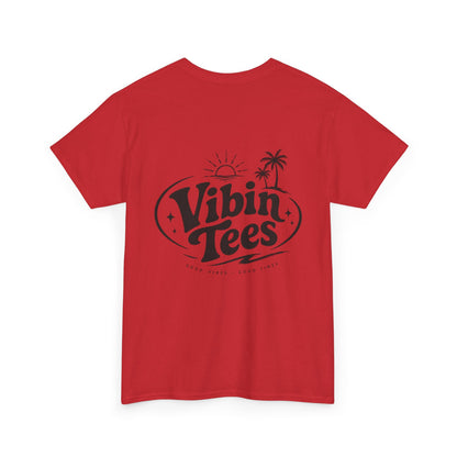 Vibin Tees Palm Sunset T‑Shirt — Retro Surf Logo Chest & Back Graphic Tee