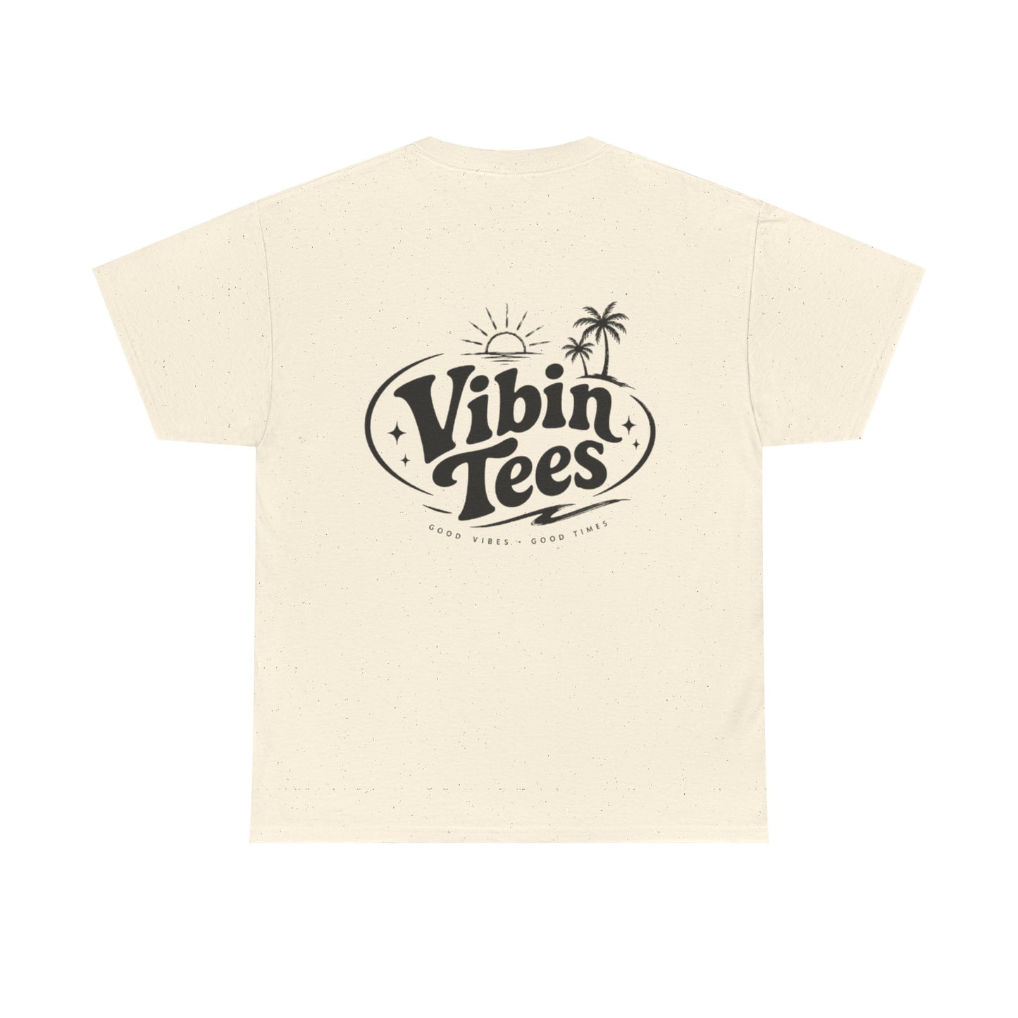Vibin Tees Palm Sunset T‑Shirt — Retro Surf Logo Chest & Back Graphic Tee