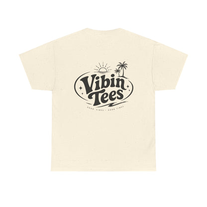 Vibin Tees Palm Sunset T‑Shirt — Retro Surf Logo Chest & Back Graphic Tee