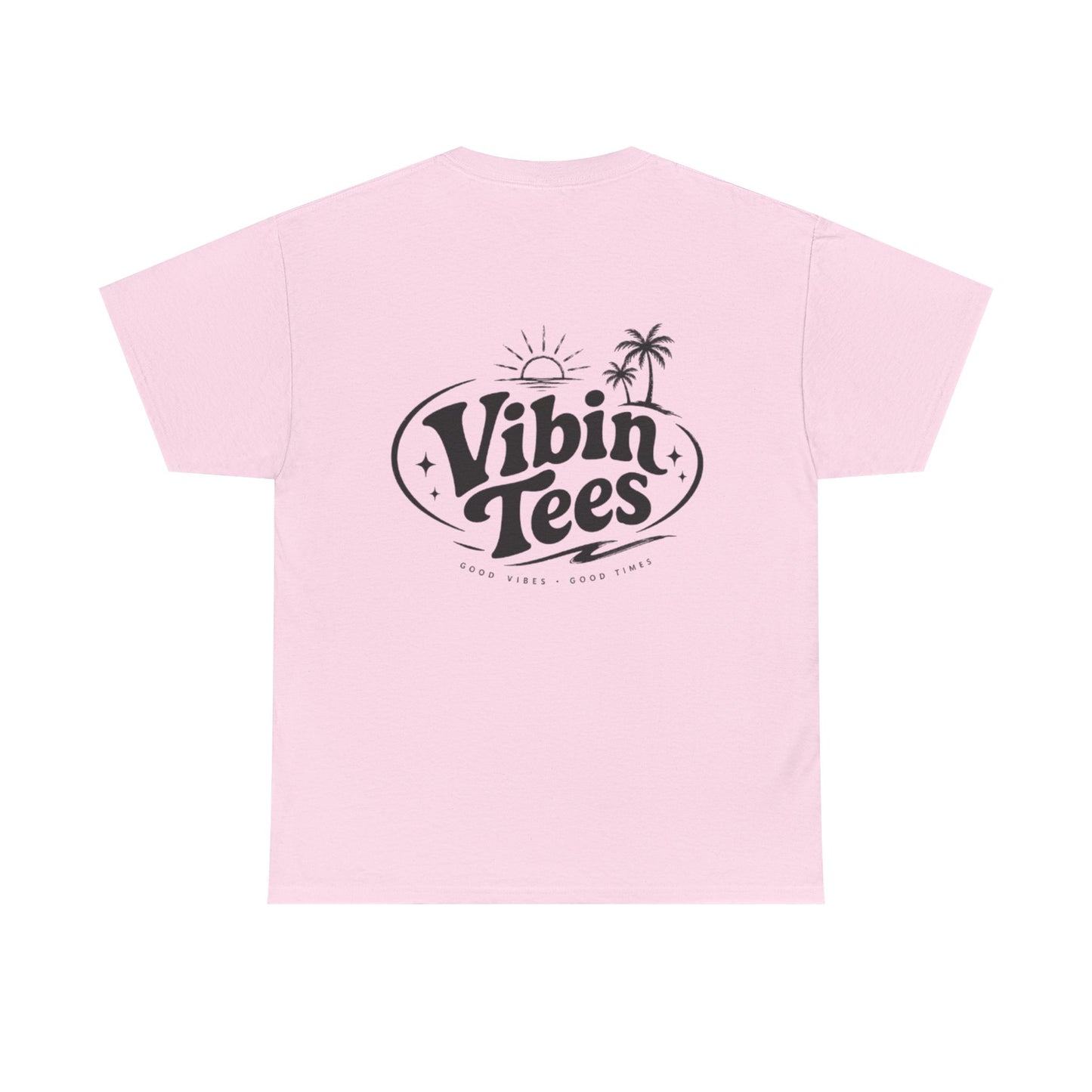 Vibin Tees Palm Sunset T‑Shirt — Retro Surf Logo Chest & Back Graphic Tee
