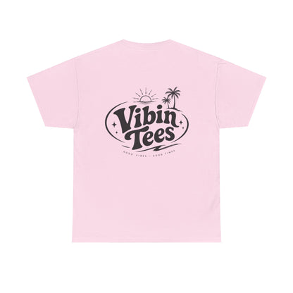Vibin Tees Palm Sunset T‑Shirt — Retro Surf Logo Chest & Back Graphic Tee
