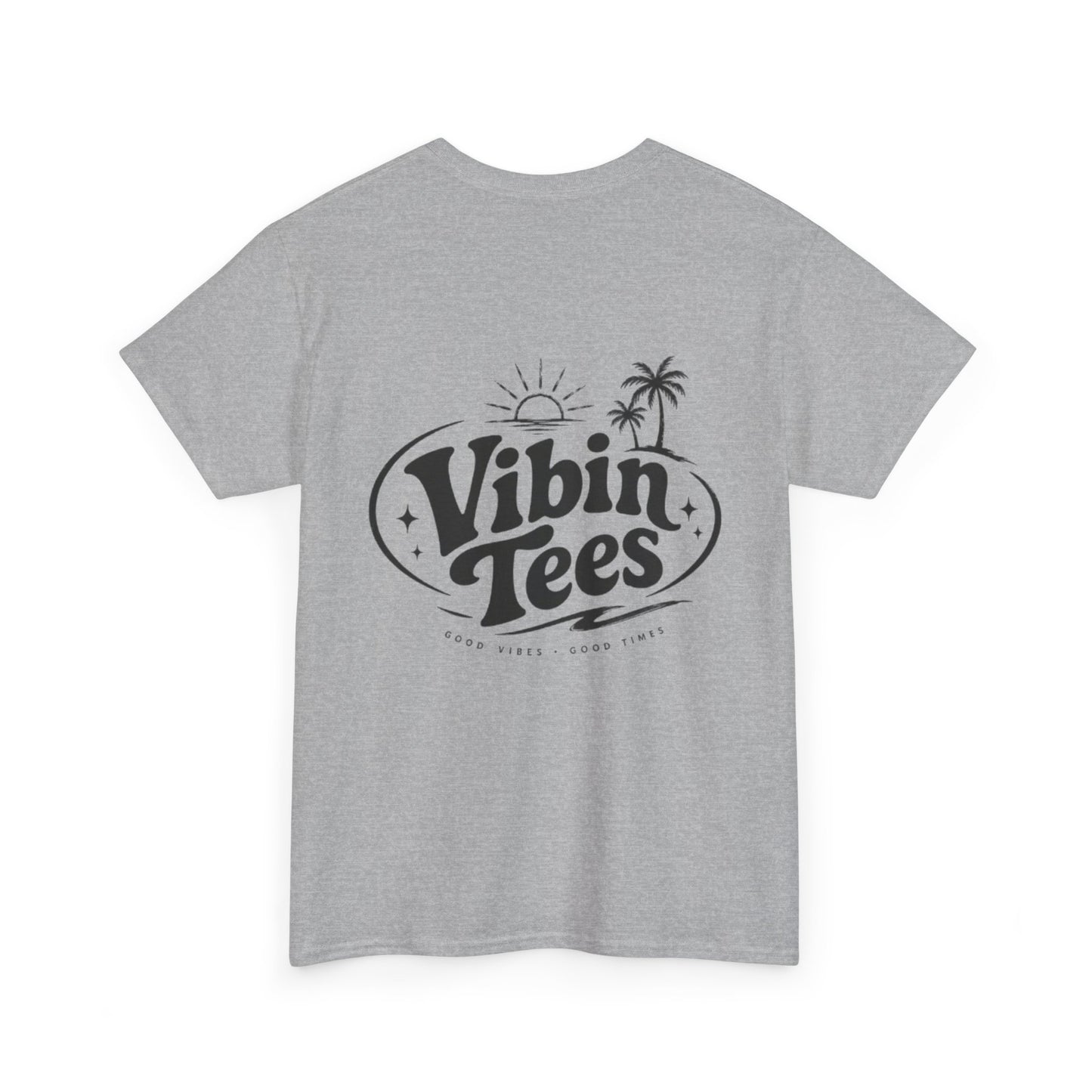 Vibin Tees Palm Sunset T‑Shirt — Retro Surf Logo Chest & Back Graphic Tee