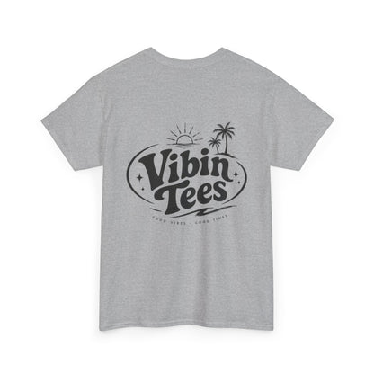 Vibin Tees Palm Sunset T‑Shirt — Retro Surf Logo Chest & Back Graphic Tee