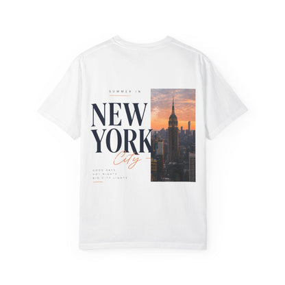 New York City Sunset T‑Shirt – 'Summer in New York' Photo Tee with Small "Vibin' Vibes" Chest Logo