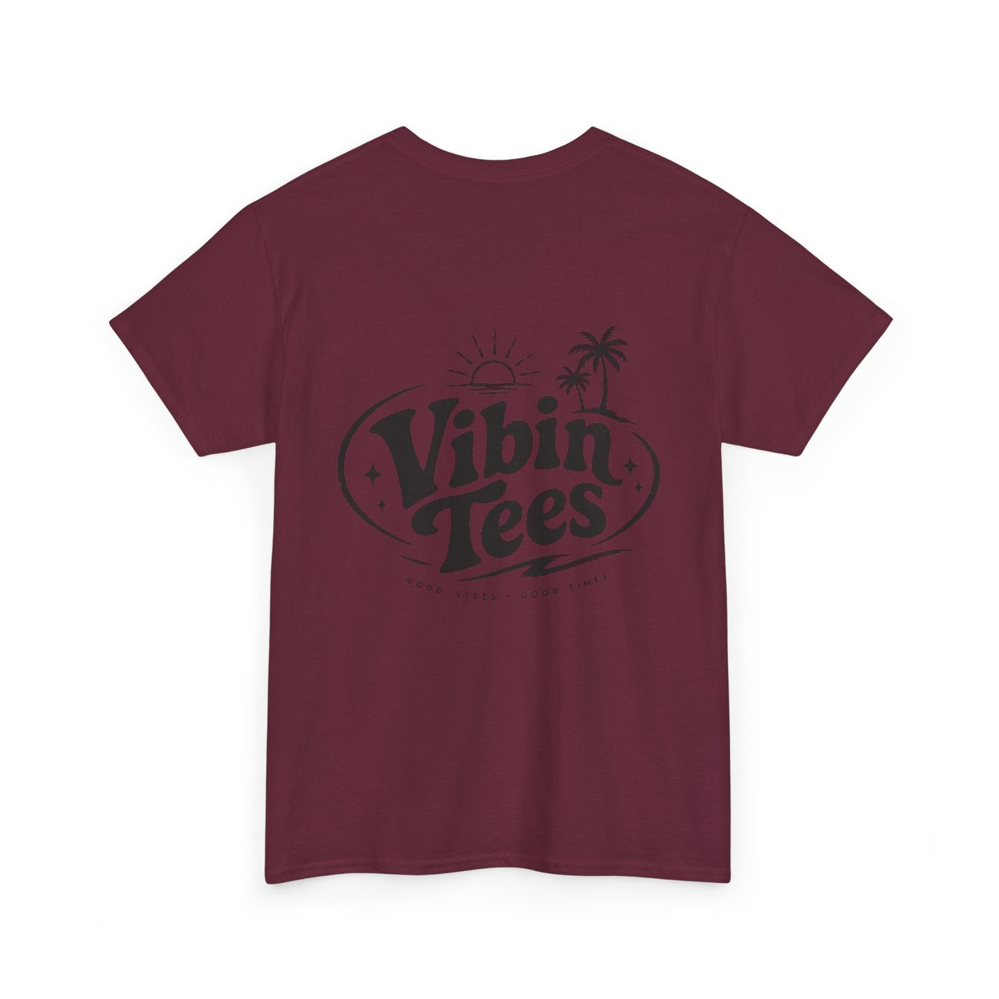 Vibin Tees Palm Sunset T‑Shirt — Retro Surf Logo Chest & Back Graphic Tee