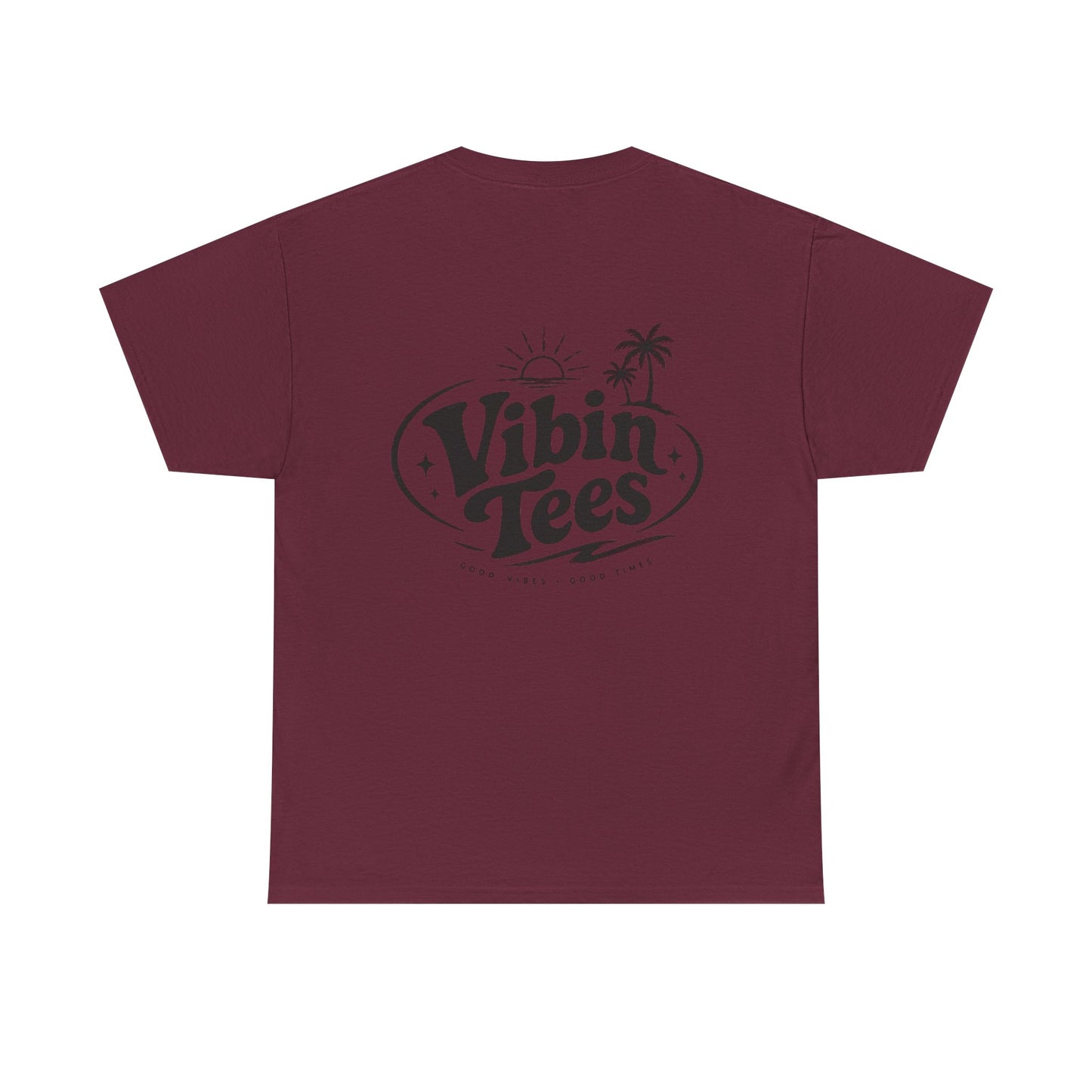 Vibin Tees Palm Sunset T‑Shirt — Retro Surf Logo Chest & Back Graphic Tee
