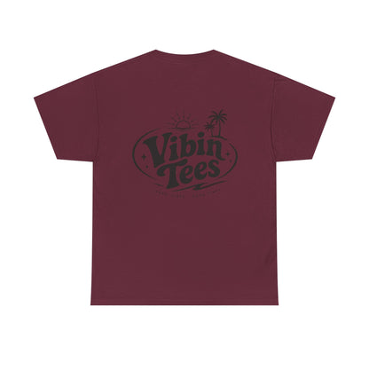 Vibin Tees Palm Sunset T‑Shirt — Retro Surf Logo Chest & Back Graphic Tee