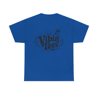 Vibin Tees Palm Sunset T‑Shirt — Retro Surf Logo Chest & Back Graphic Tee