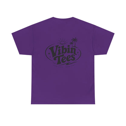 Vibin Tees Palm Sunset T‑Shirt — Retro Surf Logo Chest & Back Graphic Tee
