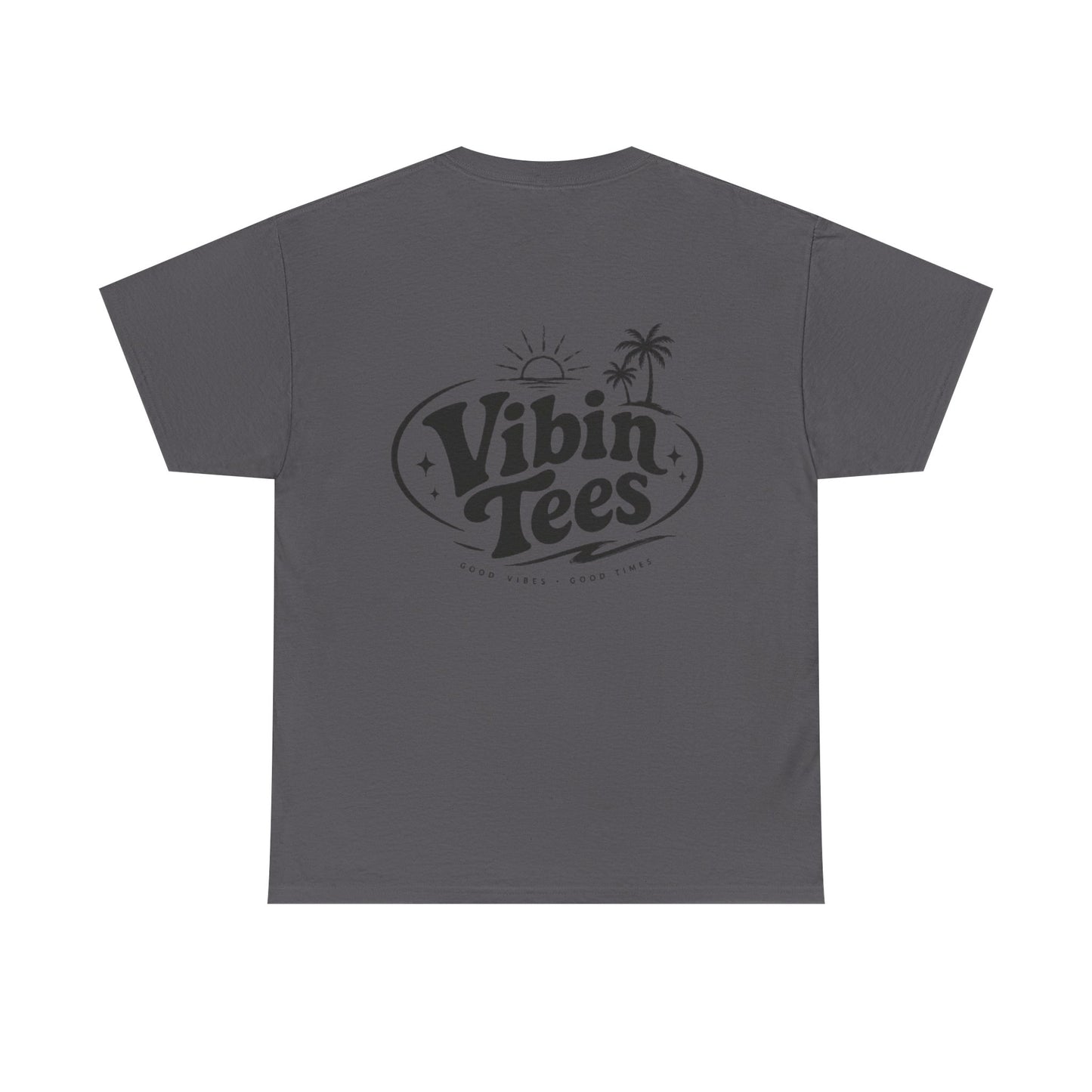 Vibin Tees Palm Sunset T‑Shirt — Retro Surf Logo Chest & Back Graphic Tee