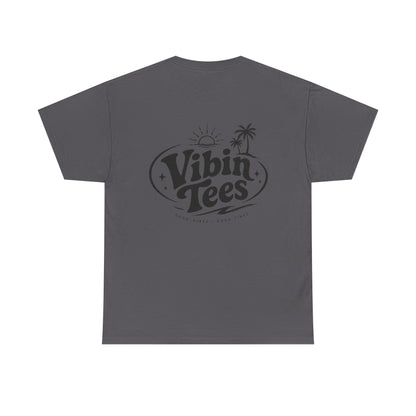 Vibin Tees Palm Sunset T‑Shirt — Retro Surf Logo Chest & Back Graphic Tee