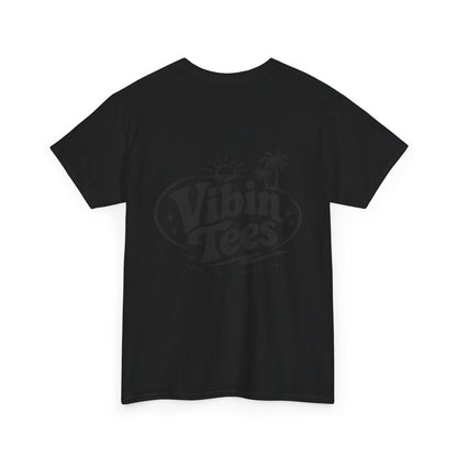 Vibin Tees Palm Sunset T‑Shirt — Retro Surf Logo Chest & Back Graphic Tee