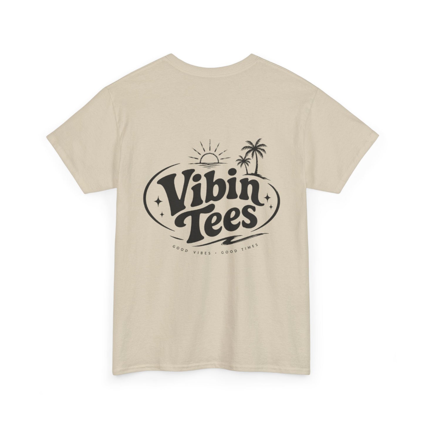 Vibin Tees Palm Sunset T‑Shirt — Retro Surf Logo Chest & Back Graphic Tee