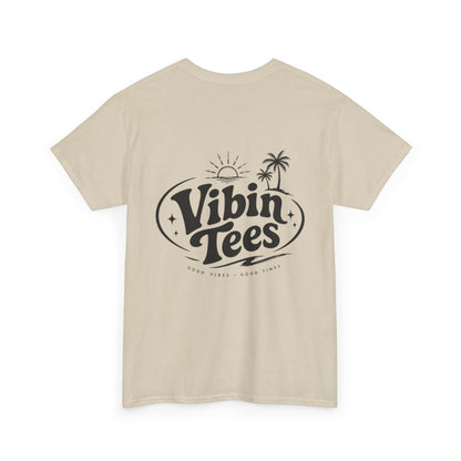 Vibin Tees Palm Sunset T‑Shirt — Retro Surf Logo Chest & Back Graphic Tee