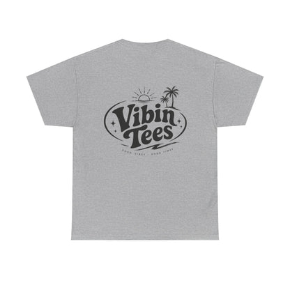 Vibin Tees Palm Sunset T‑Shirt — Retro Surf Logo Chest & Back Graphic Tee