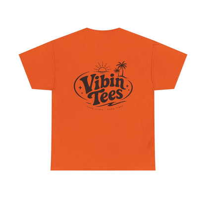 Vibin Tees Palm Sunset T‑Shirt — Retro Surf Logo Chest & Back Graphic Tee