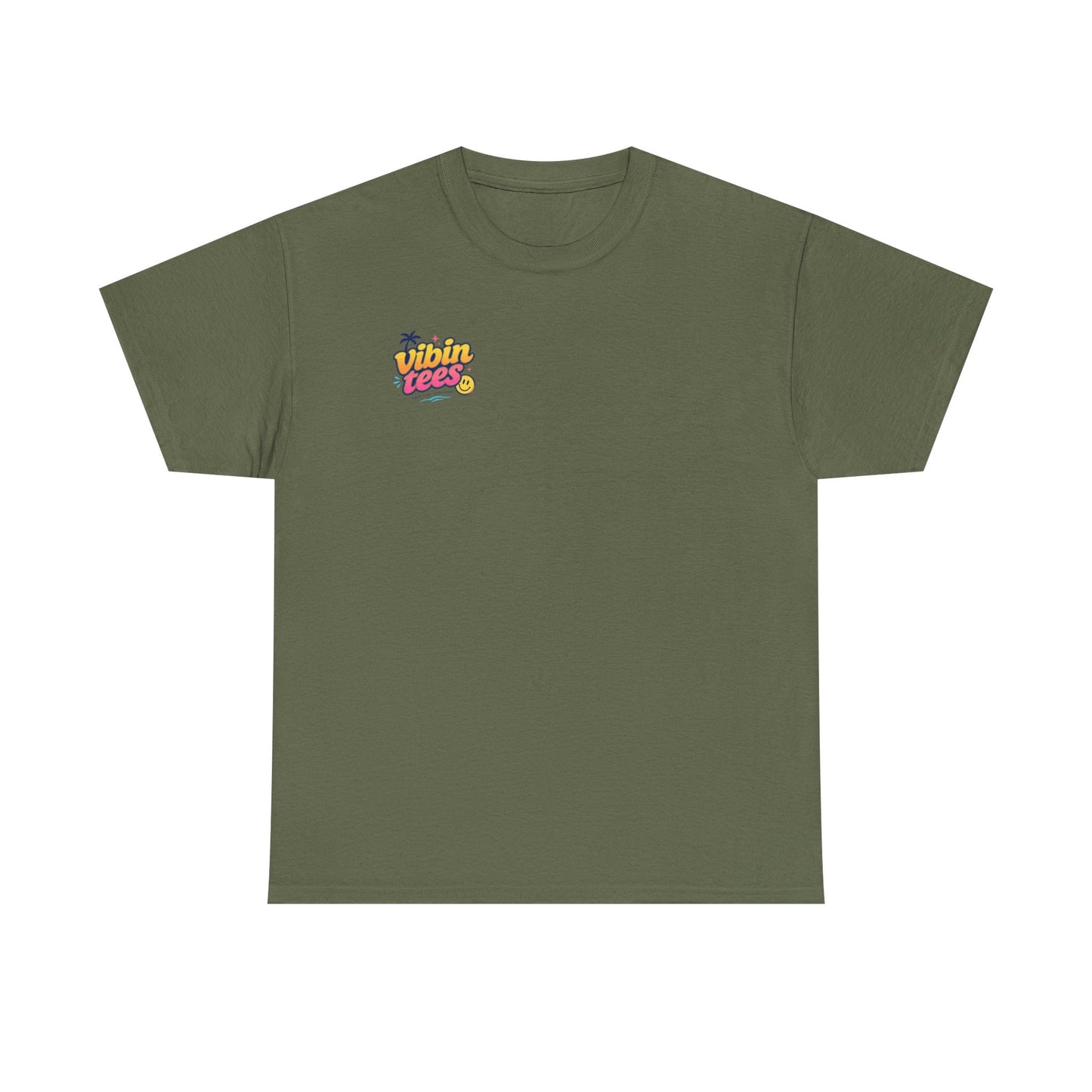 Vibin Tees Palm Sunset T‑Shirt — Retro Surf Logo Chest & Back Graphic Tee