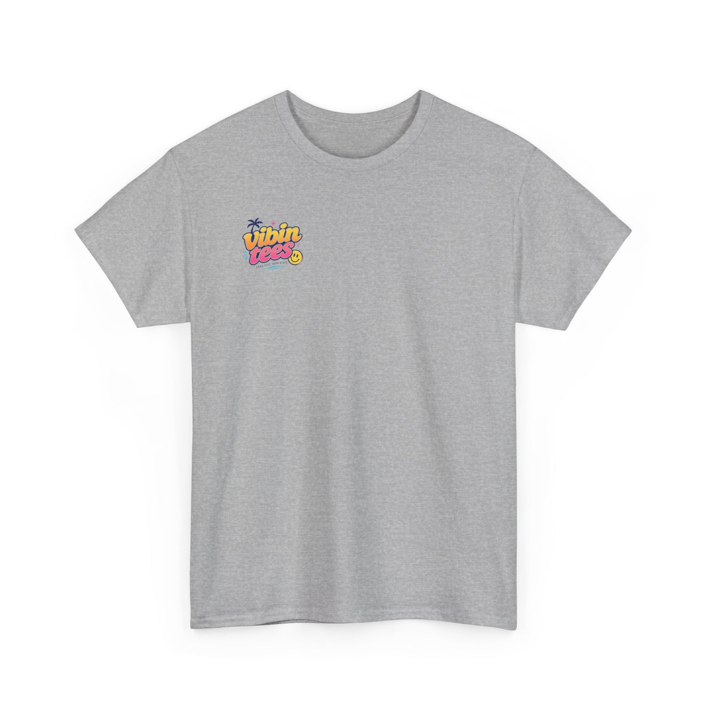 Vibin Tees Palm Sunset T‑Shirt — Retro Surf Logo Chest & Back Graphic Tee